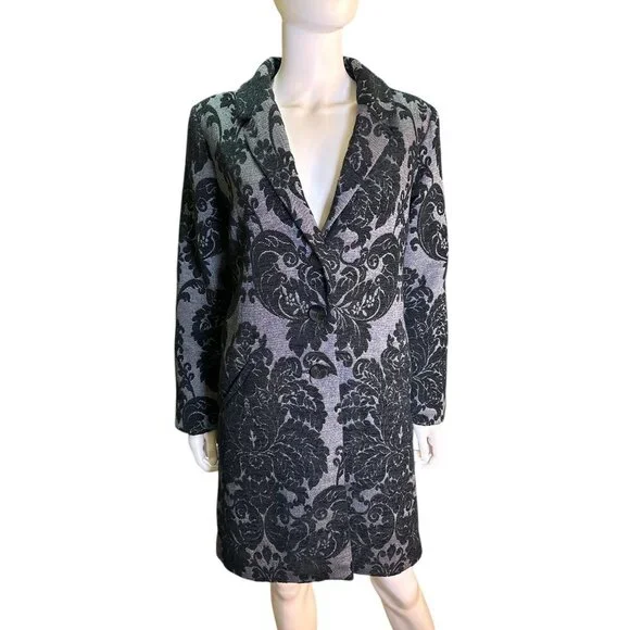 Soft Surroundings Regency Damask Black & Gray Jacquard Floral Long Coat XS EUC - Picture 1 of 7